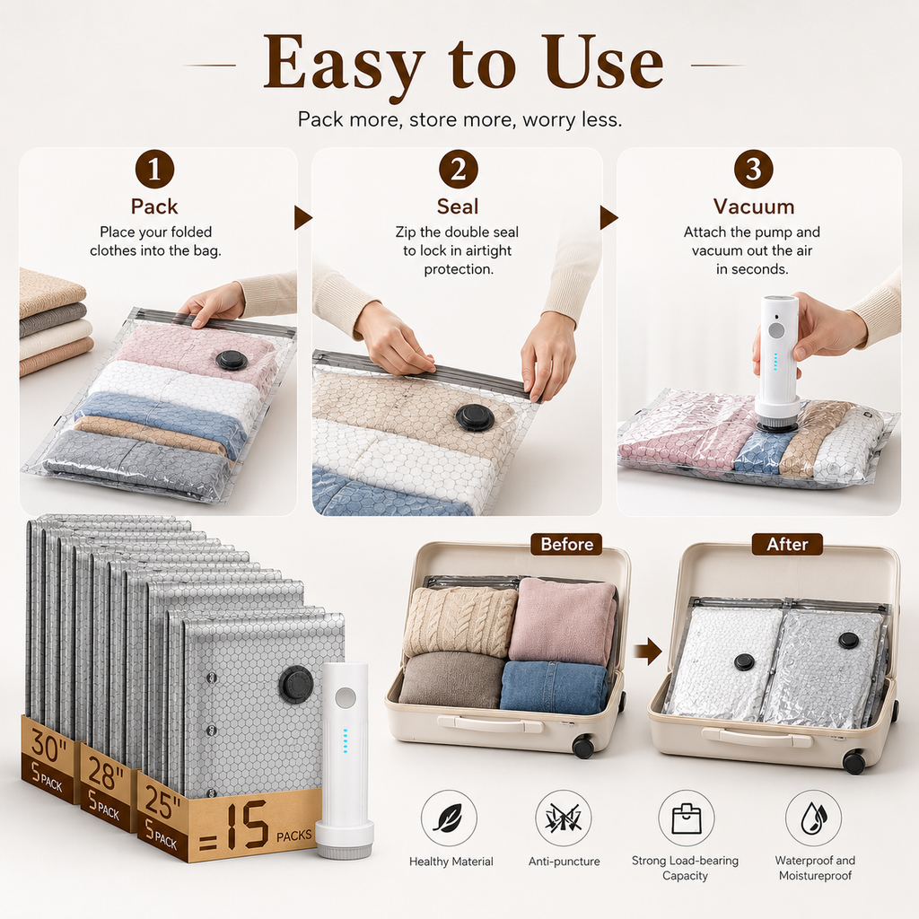 Reusable Vacuum Storage Bags with Electric Pump – Space-Saving Compression Bags for Travel, Closet & Moving