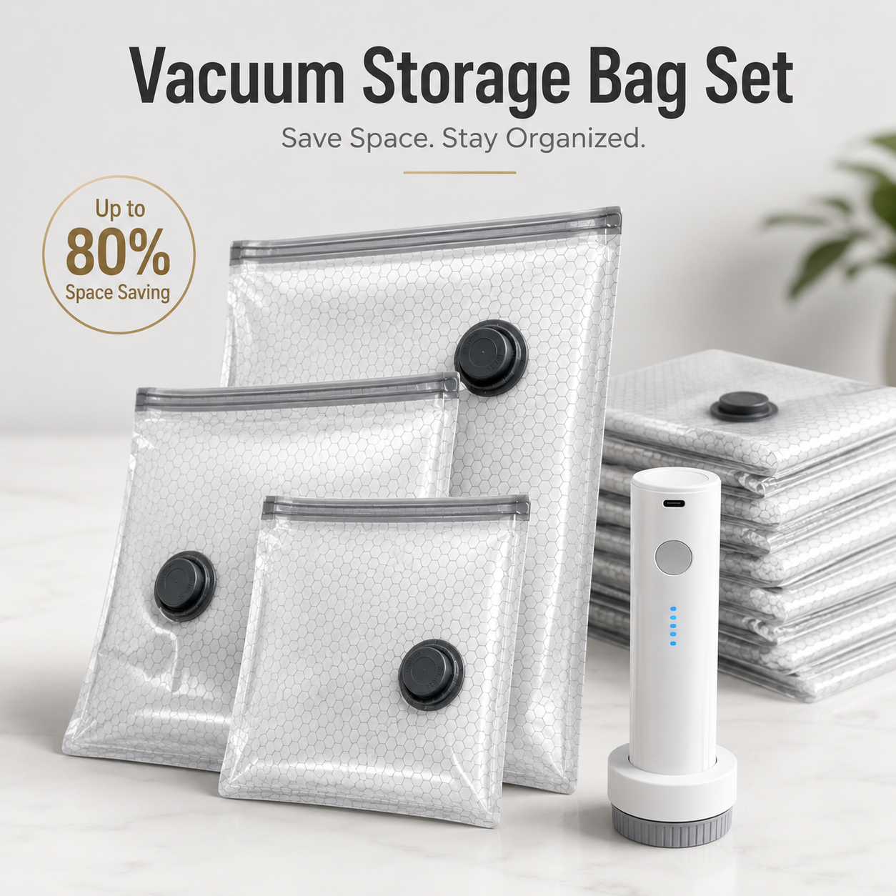 Reusable Vacuum Storage Bags with Electric Pump – Space-Saving Compression Bags for Travel, Closet & Moving